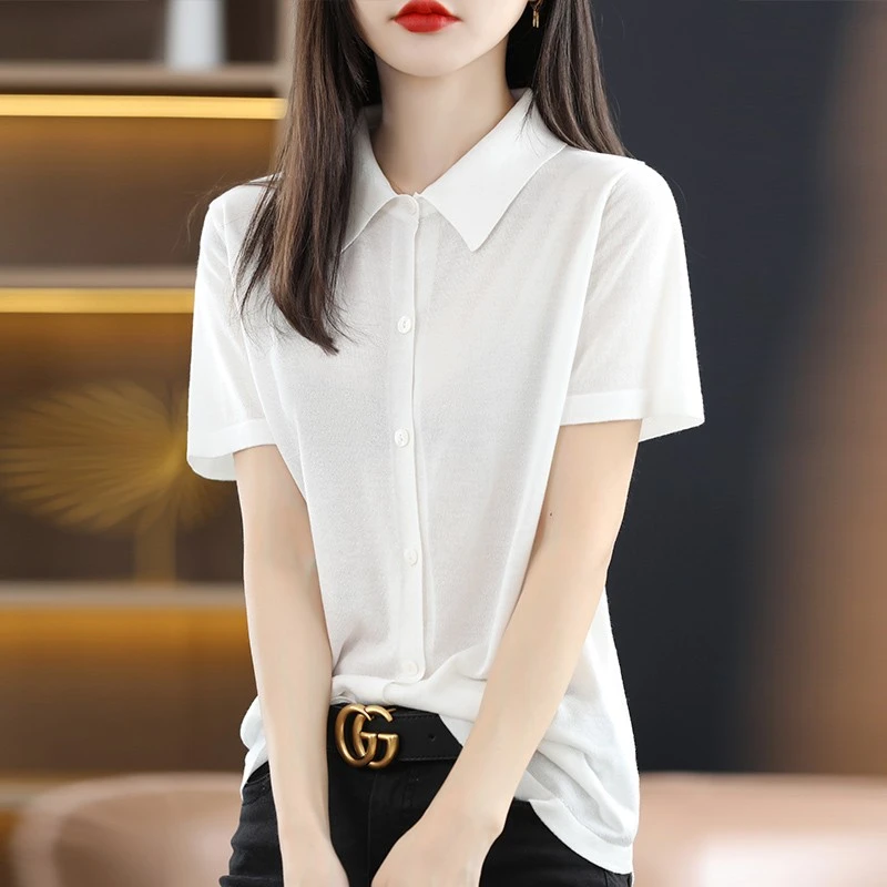 25新款翻领纯色短袖t恤开衫上衣女士夏款针织Polo领衬衫上衣