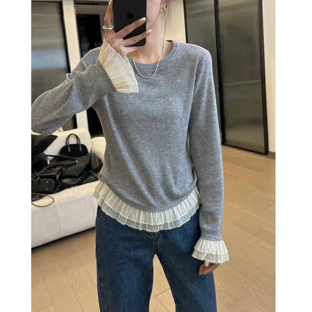 【百褶拼接针织衫】2025春款圆领显瘦上衣 2502C546