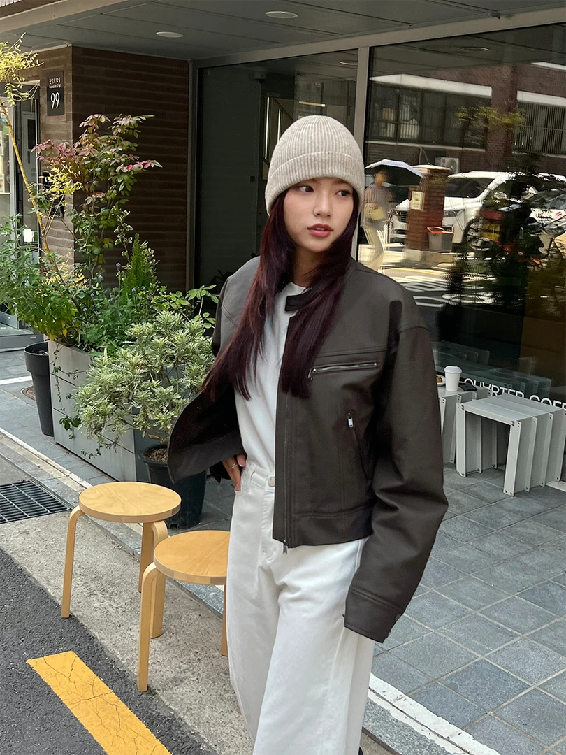 【素简】复古短款皮衣外套女设计感拉链服宽松百搭夹克上衣03793