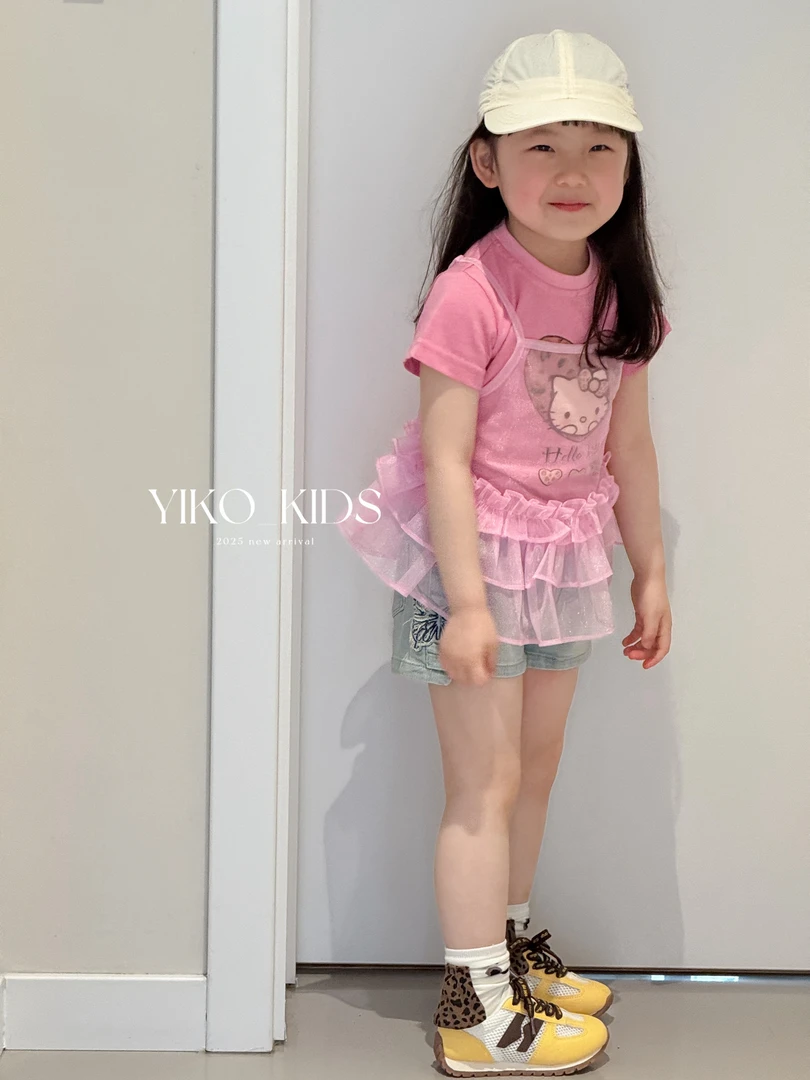 【预】小童女童夏季日系小猫网纱吊带+短袖两件套