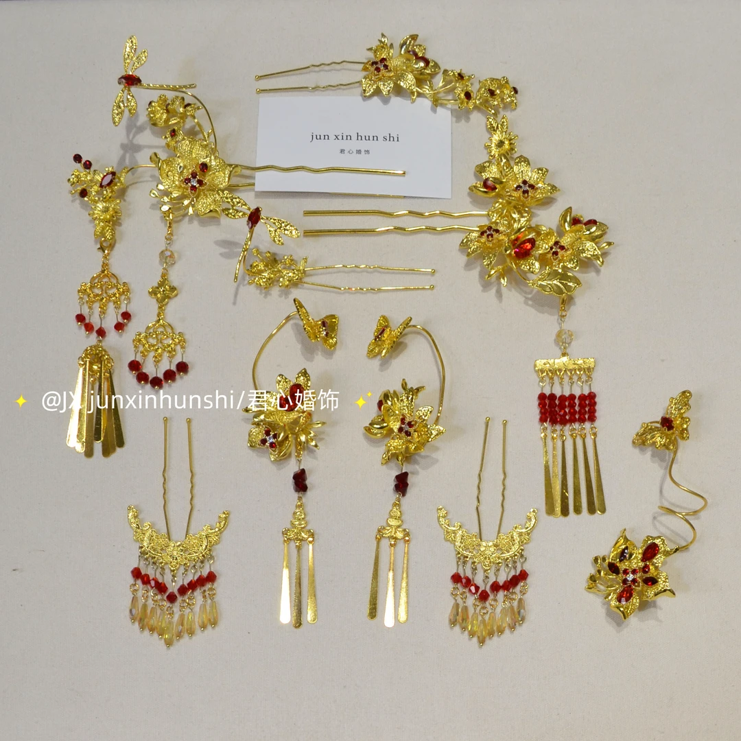 君心家 E3xs龙凤褂金红小钗耳挂戒指九件套新娘饰品