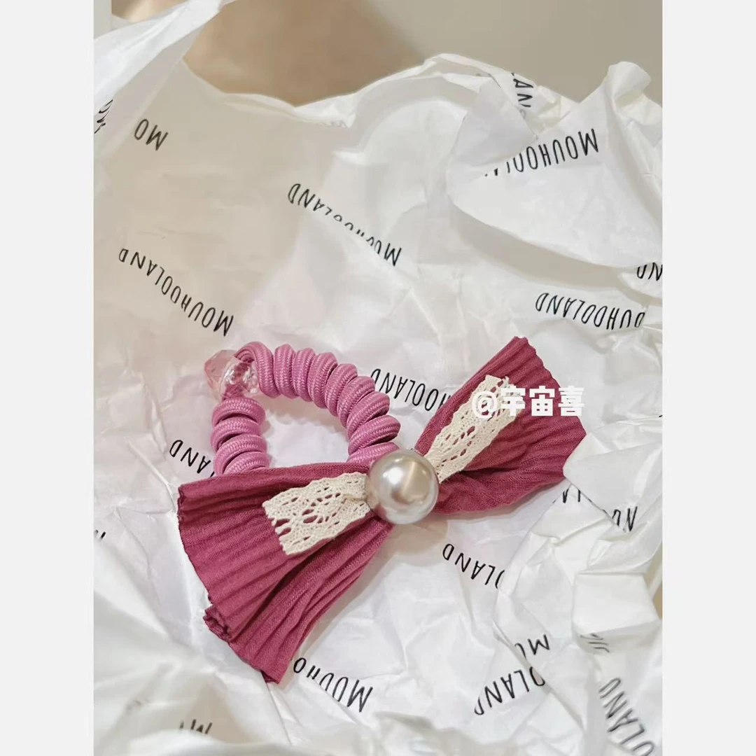 M5-127【粉色褶皱手工蕾丝灰贝珠打结电话发圈】韩版发圈