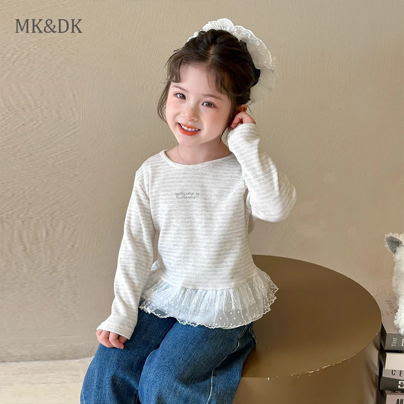 MK&DK女童秋季花边T恤2025新款儿童秋装女孩洋气打底衫宝宝上衣潮