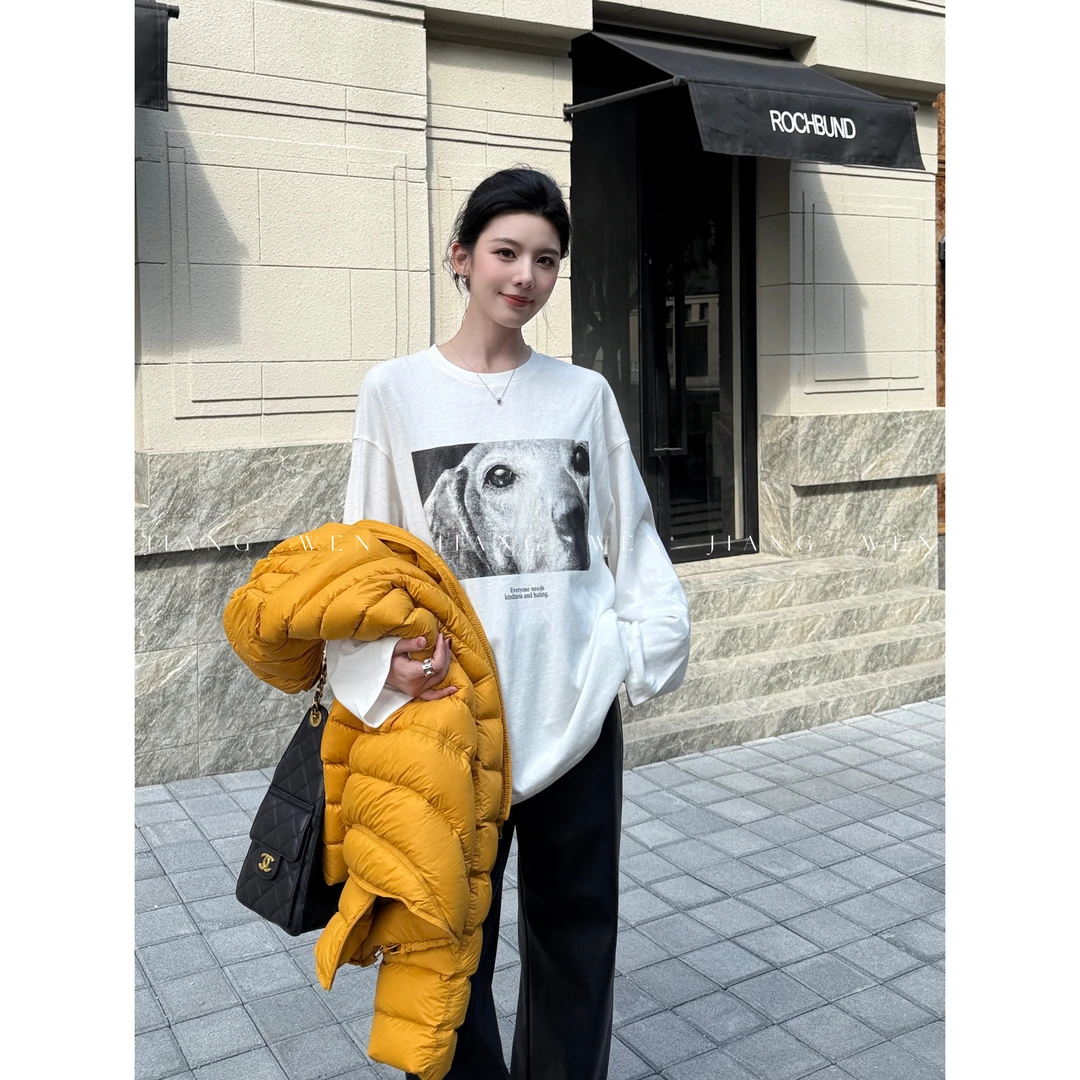 【小狗TEE】姜雯 纯棉宽松圆领百搭上衣小狗印花小众休闲长袖t恤女