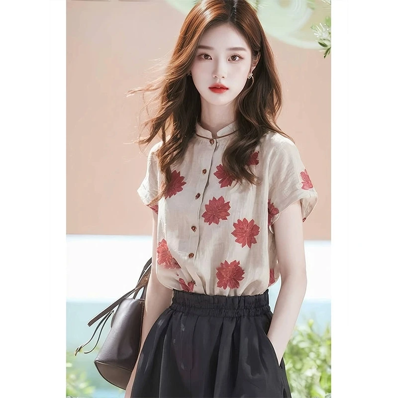 设计感小众夏季独特别致印花立领衬衫女洋气高端绝美优雅气质上衣
