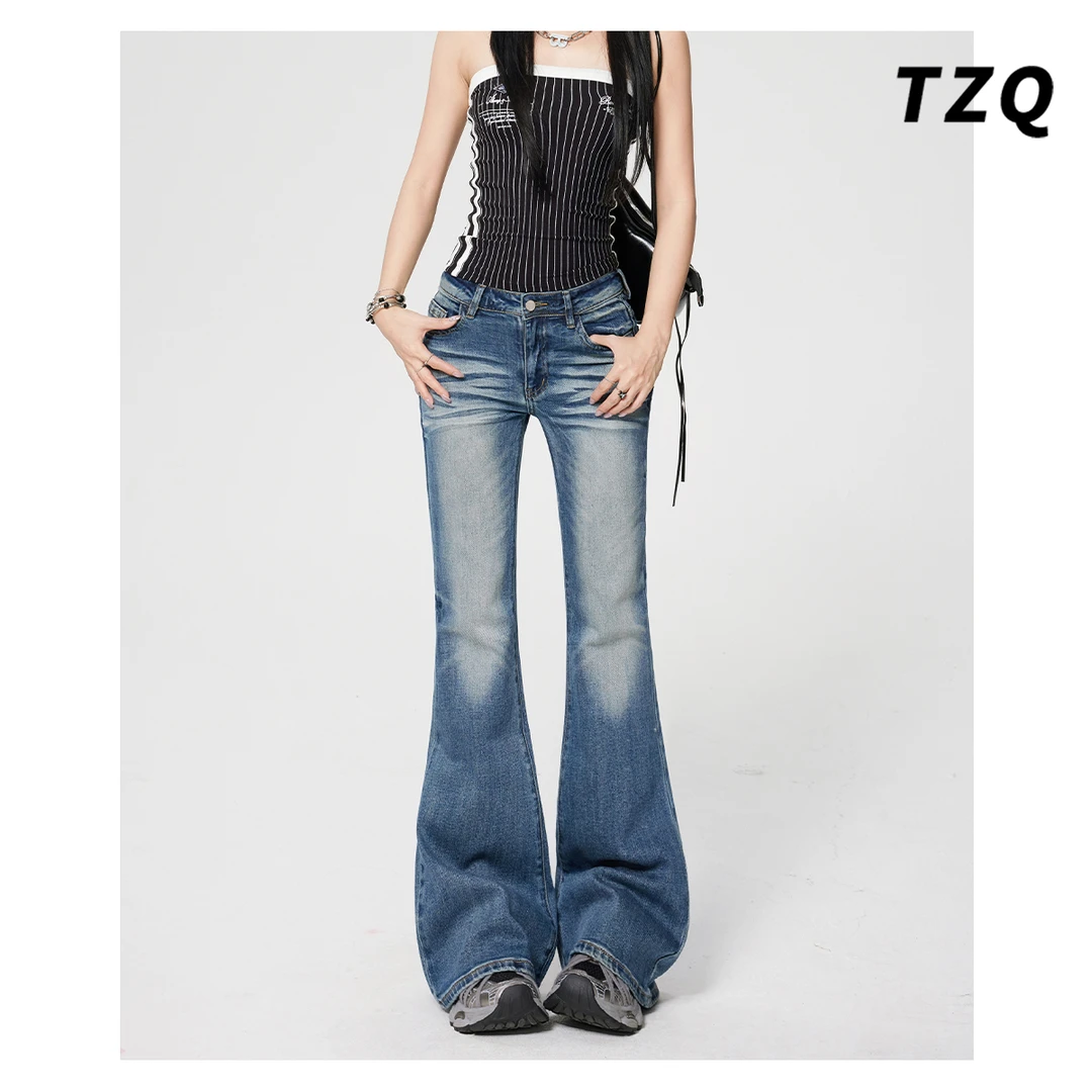 重工复古低腰微喇牛仔裤女2025秋季设计感拖地弹力裤子TZQ2580109