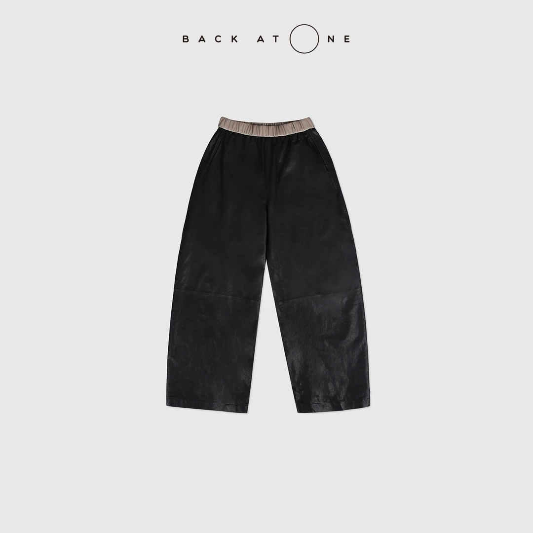 BACKATONE“别样精彩”撞色腰头植鞣橡筋腰黑色皮裤 BFF-2FI348B-K