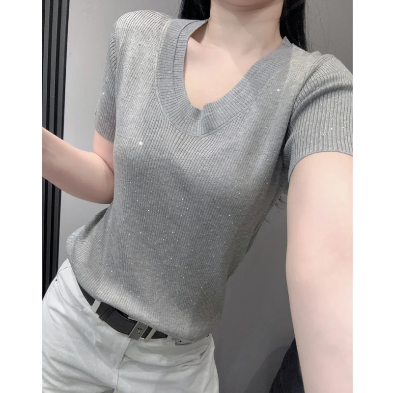 重工烫钻圆领短袖女冰丝针织衫设计感洋气修身弹力百搭上衣夏欧货