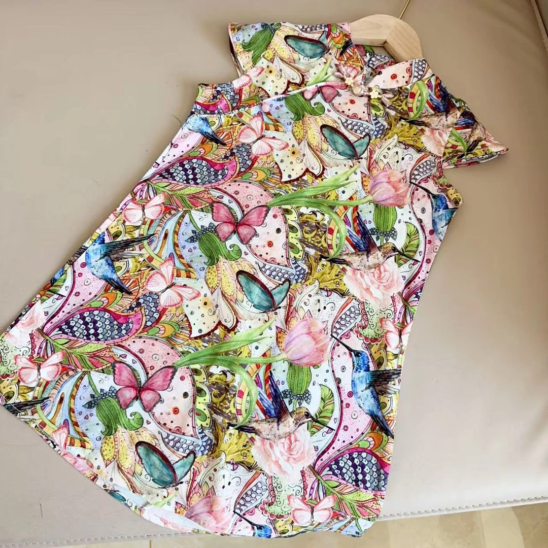 维纳斯立领国风棉绸旗袍2025夏季国风女童长款印新中式旗袍