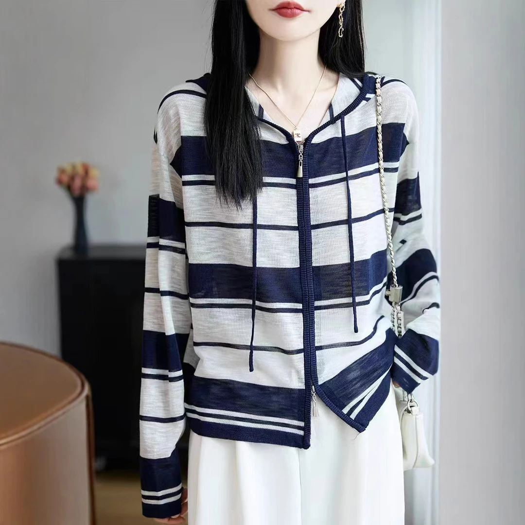 韩系条纹拉链连帽竹节麻开衫外套女秋季设计感宽松显瘦薄款上衣