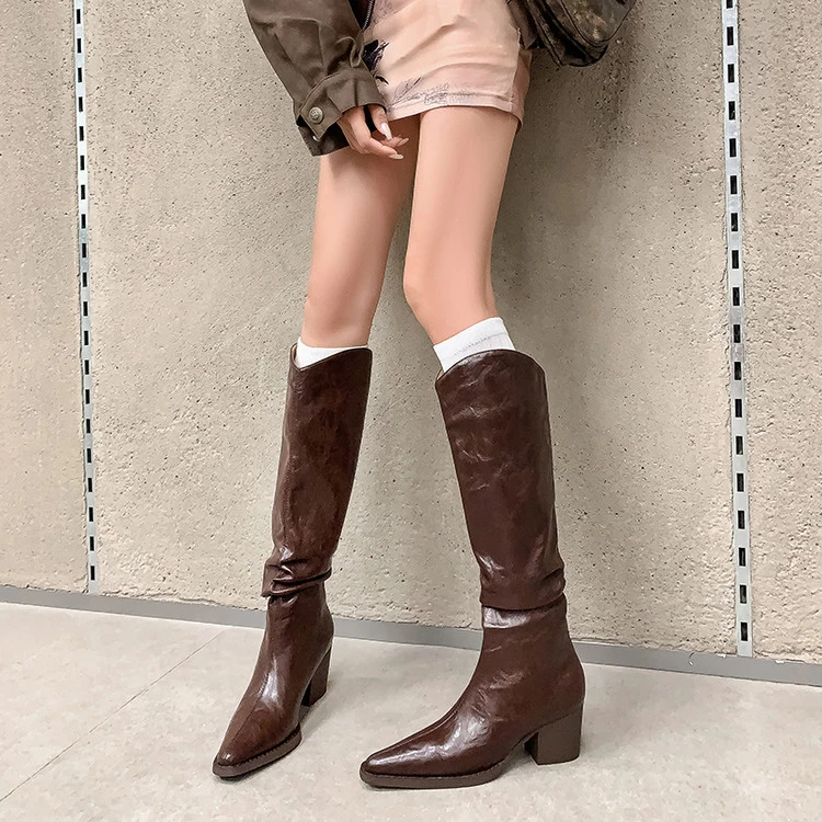 2025新款巨显瘦美拉德棕色粗跟高跟长靴骑士靴，褶皱堆堆靴