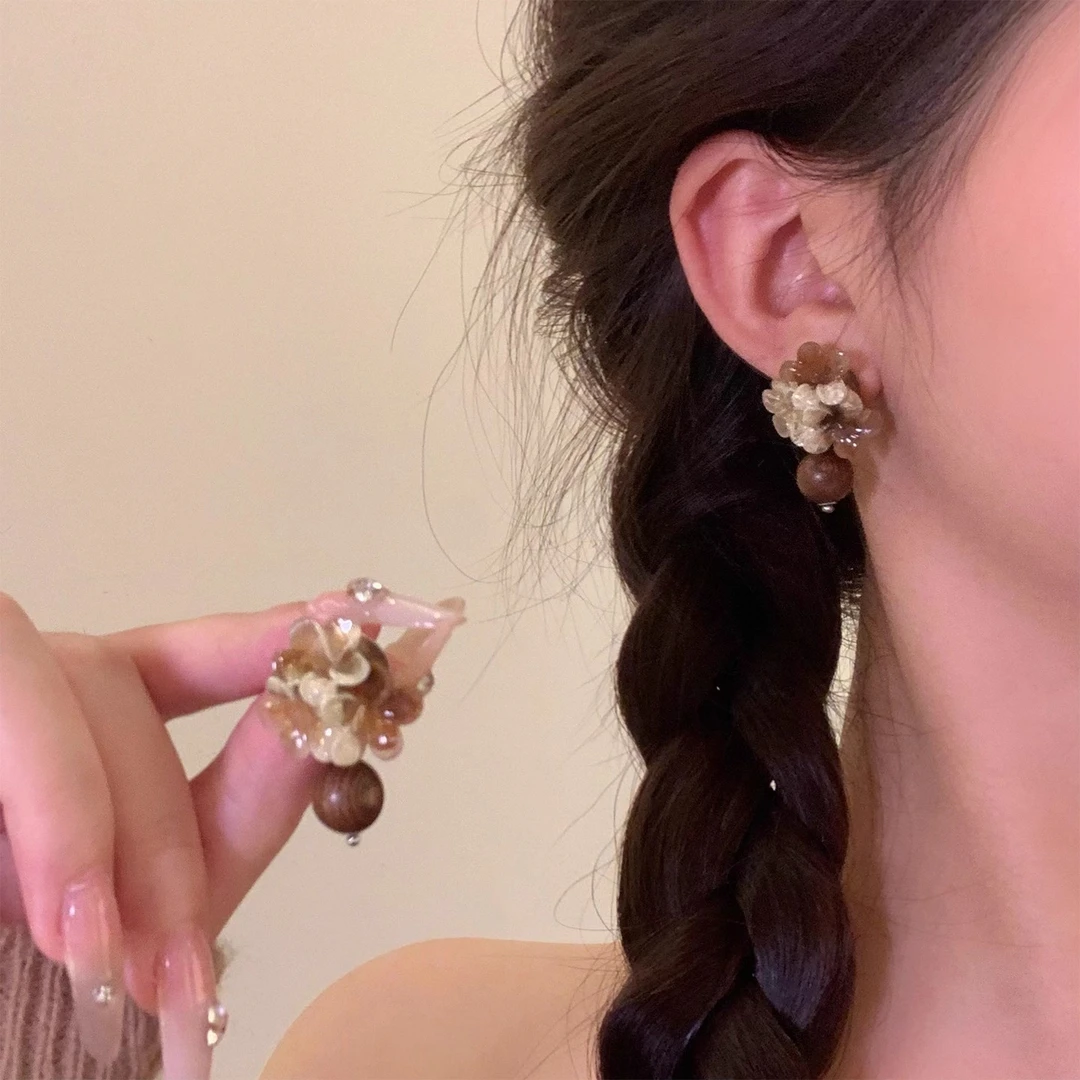 高级感穿戴甲新中式复古美拉德晕染花朵耳环女轻奢小众高级感气质