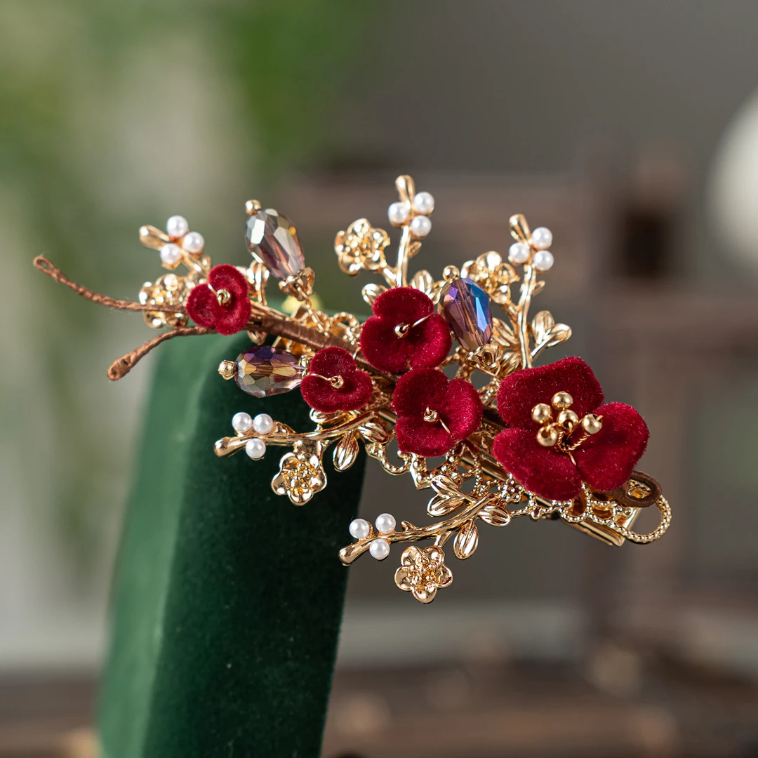 春亦轩中式古风汉服发饰朱砂红梅边夹气质典雅新娘敬酒服边夹头饰