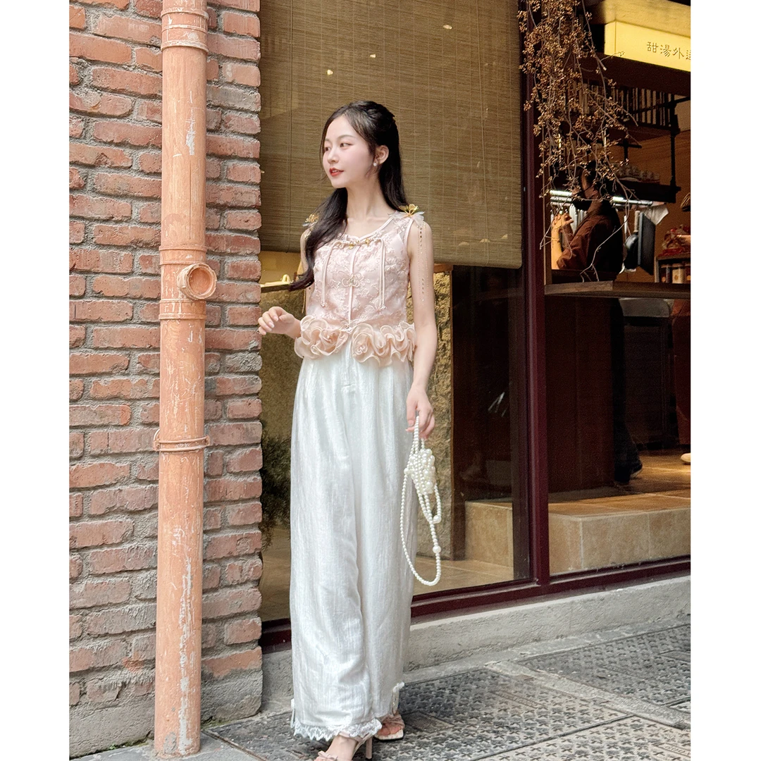 【庄生梦蝶】小娜椒小个子温柔国风提花流苏上衣休闲阔腿裤套装女