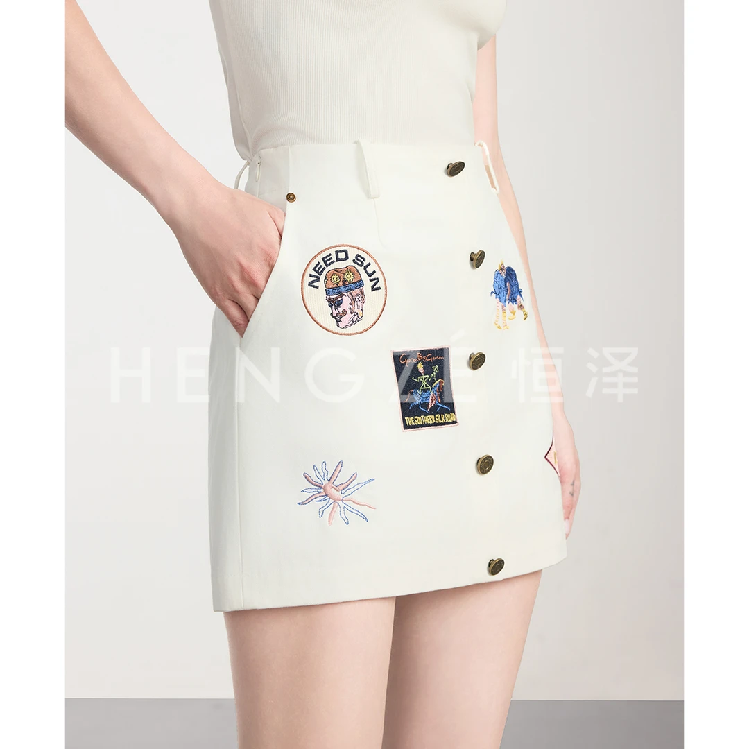 印花半裙设计感高腰纯色短裙时尚薄款成人半身裙刺绣
