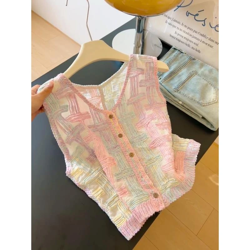 2025夏季新款纹理感撞色V领甜美风无袖背心女气质高级感绝美小衫