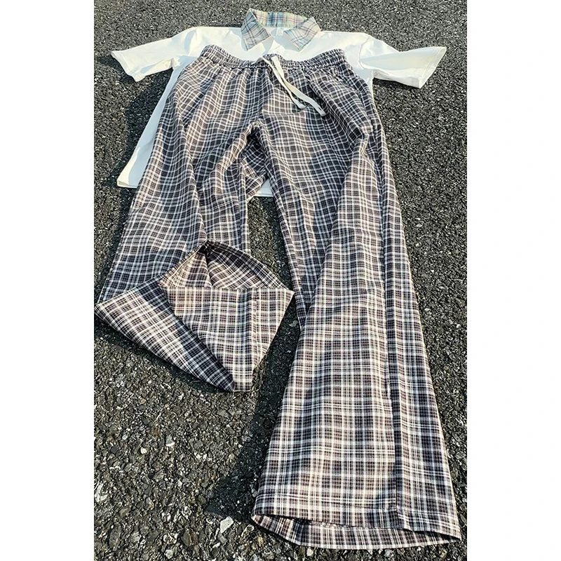 黑白格子冰丝裤男女款夏季美式垂感阔腿直筒裤大码慵懒风休闲裤子