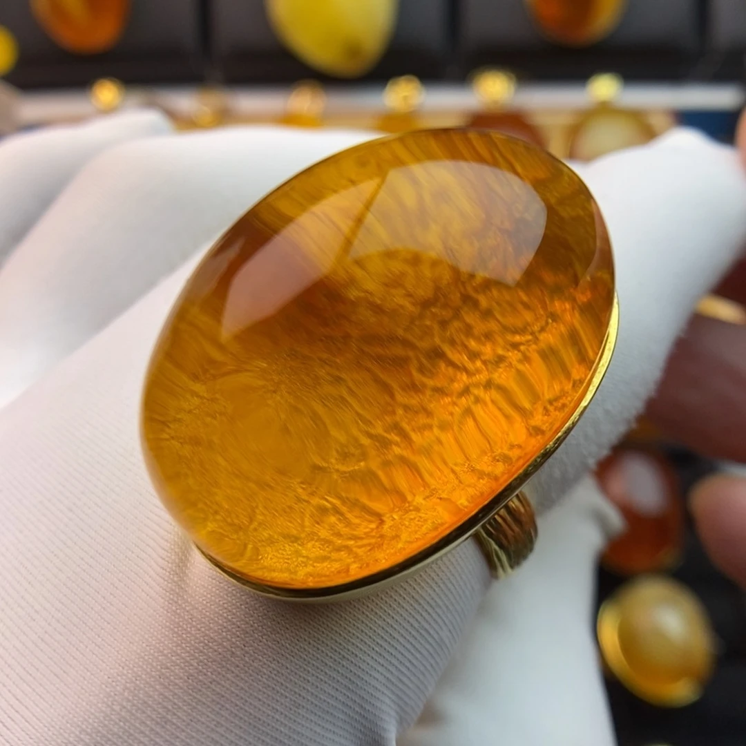 琥珀戒指银S925镀金镶嵌