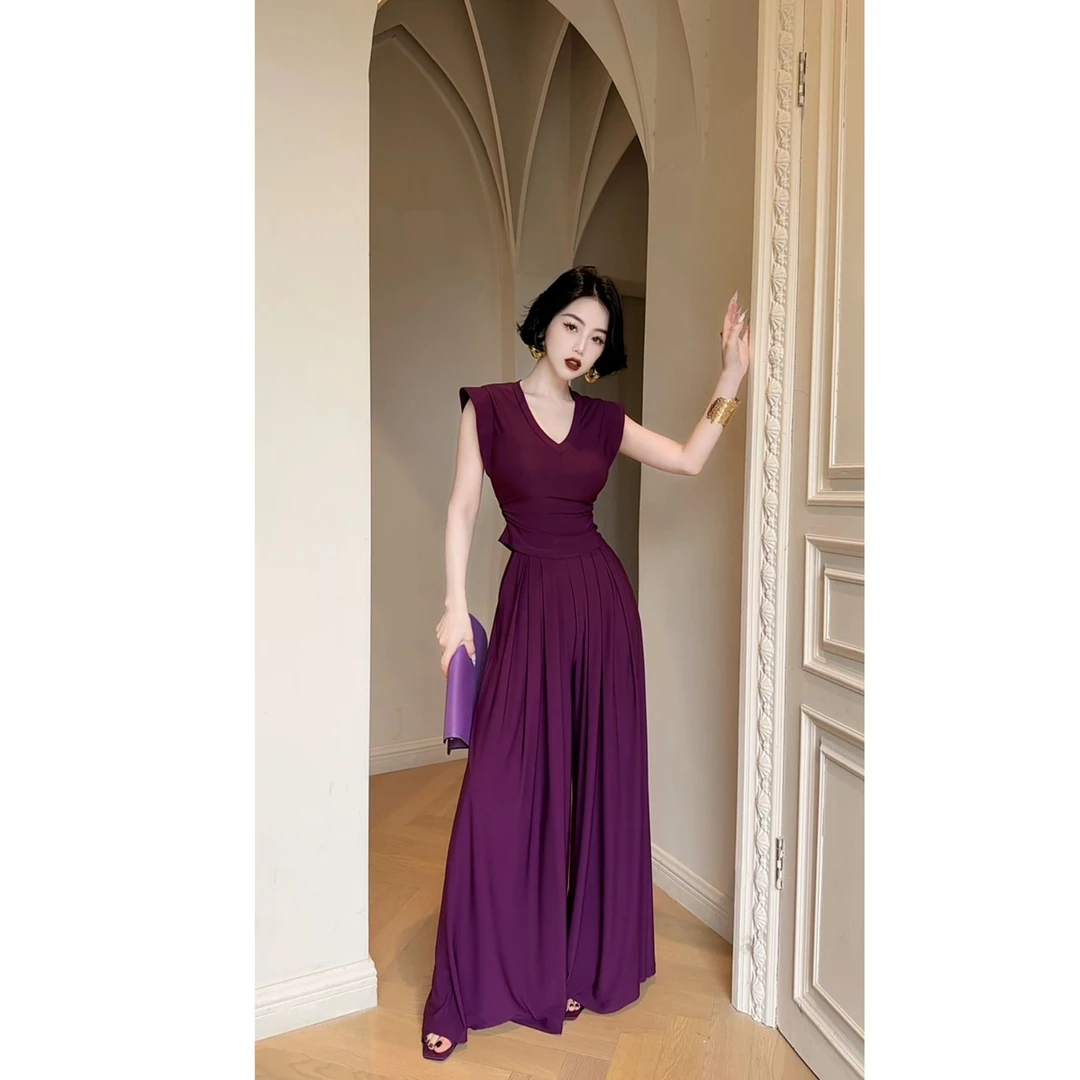 LYXJ【伊索尔格调】极简高弹套装2025夏季新款收腰显瘦高弹阔腿套装