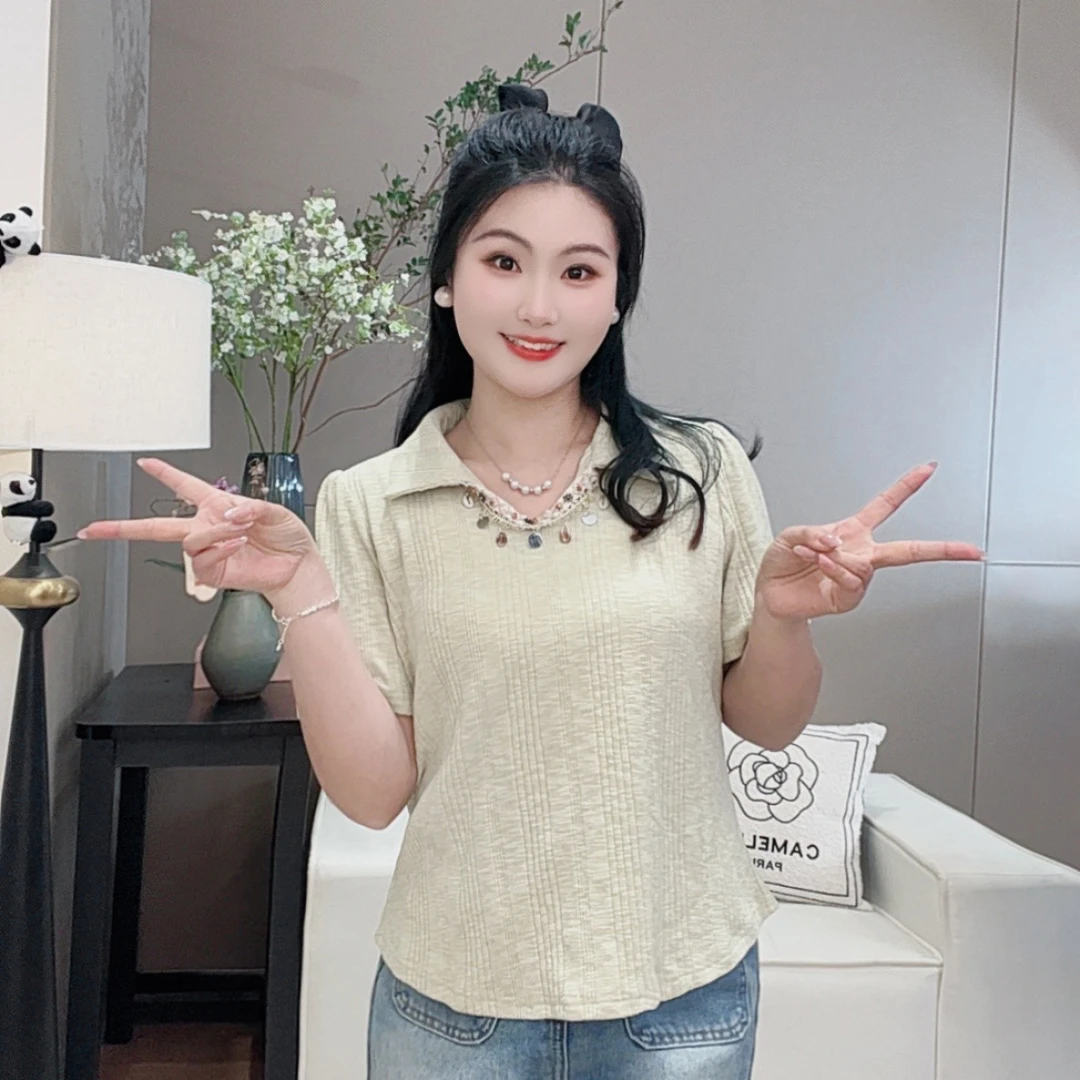 2025新款大码女装设计感钉珠短袖T恤女胖MM显瘦百搭别致上衣