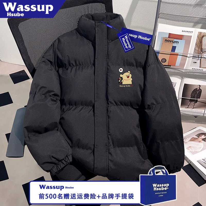 WASSUP HSUBE秋冬防风拉链可爱风创意印花加厚外套黑色男款棉服