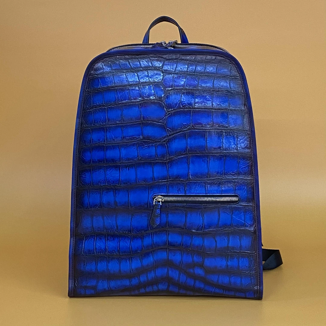 铭哥家高端尼罗鳄鳄鱼皮手工擦色时尚休闲旅行双肩包背包蓝