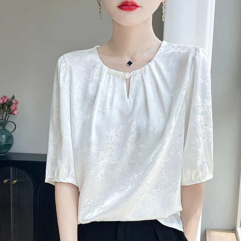 哥弟阿玛施正品夏季圆领丝滑提花T恤新中式国风短袖时尚气质小衫