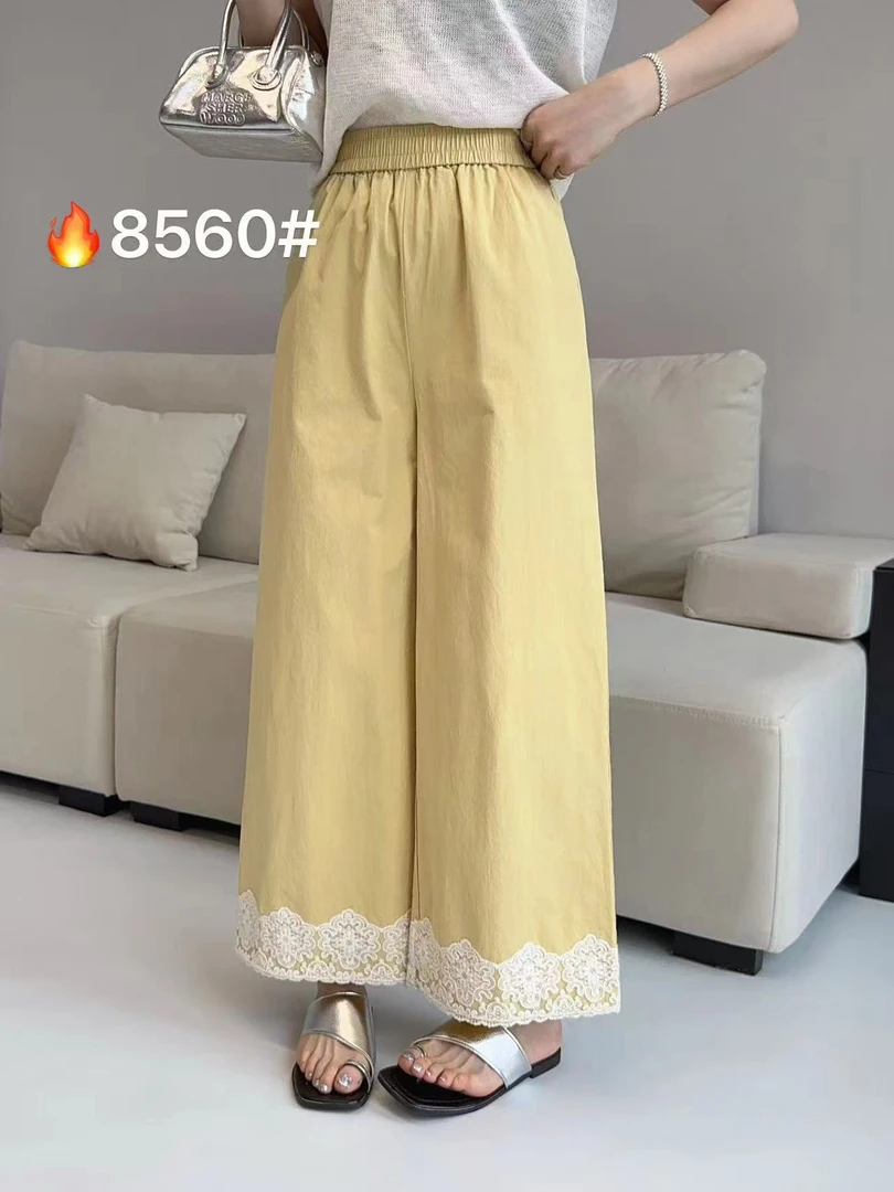 邹先森8560-28夏季新款蕾丝花边高腰宽松九分阔腿裤