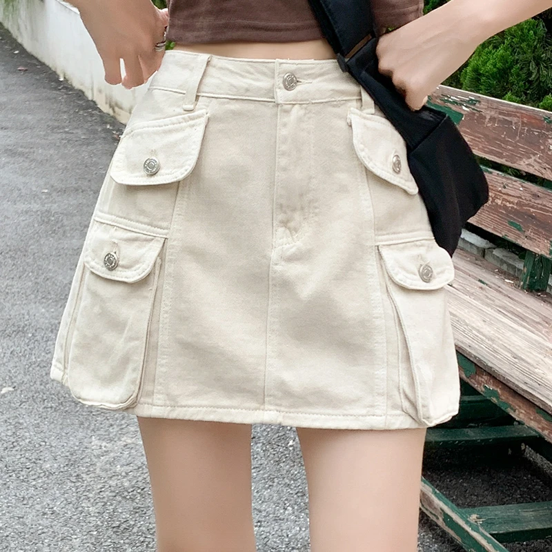 2153#米白无弹力夏季高腰显瘦牛仔短裙口袋设计包臀防走光短裙