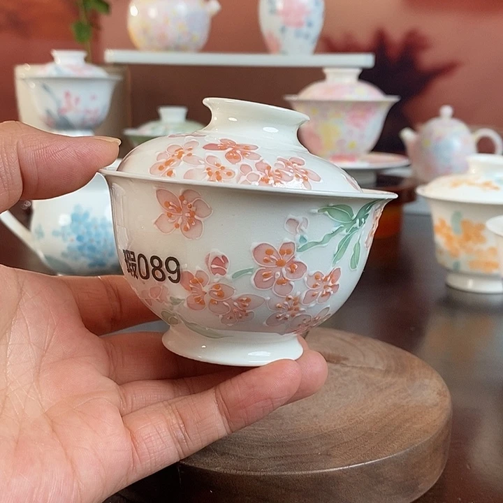 桉*九桃花盖碗釉下手绘高温