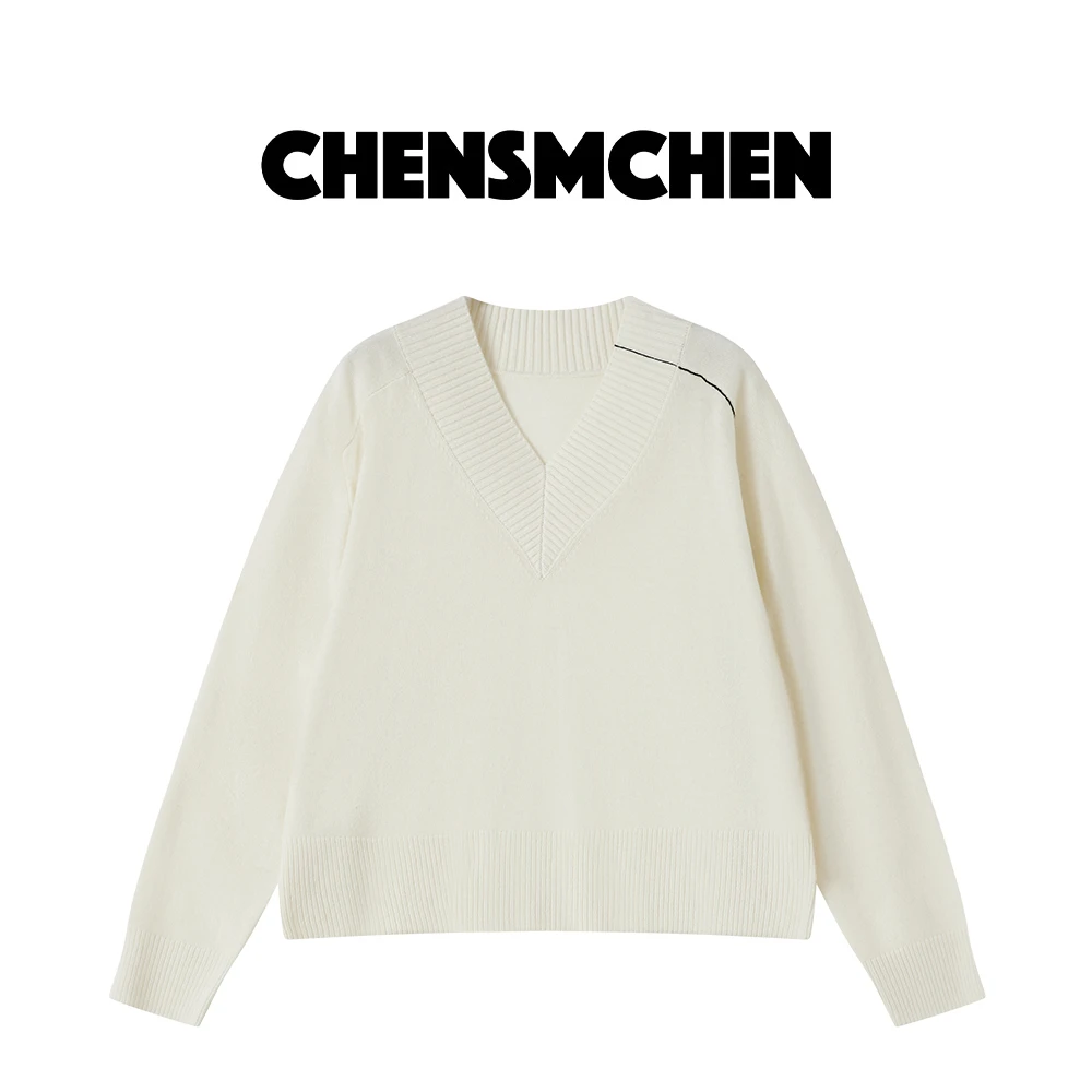 CHENSMCHEN 100绵羊毛V领设计感针织衫女春季长袖打底衫CSZ1012SL