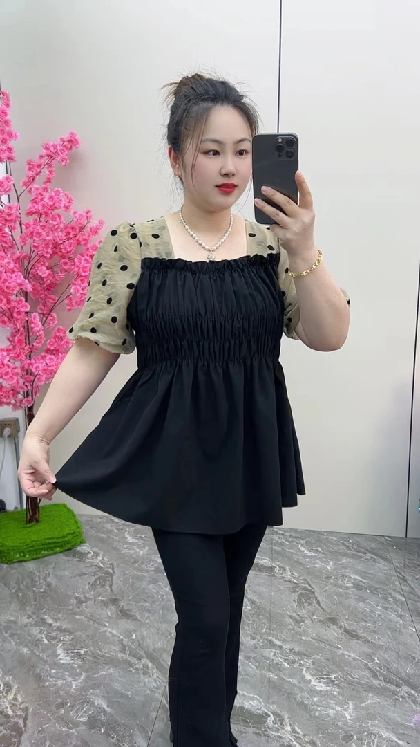 大码法式假两件泡泡袖衬衫女设计感小众夏季胖mm遮肉显瘦短袖上衣