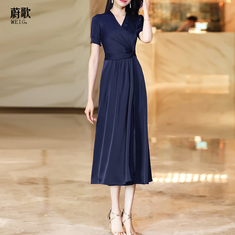 2025夏季短袖藏青色连衣裙收腰显瘦夏季通勤复古气质中长裙1376