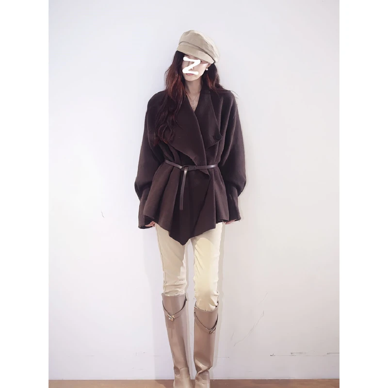 韩系高级感翻领不规则针织开衫女秋冬慵懒风气质宽松显瘦毛衣外套