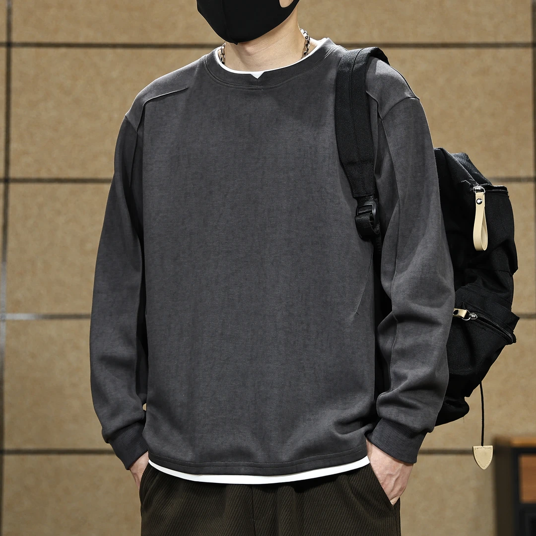 美式长袖假两件卫衣男2025新款秋季内搭打底男装早秋圆领t恤上衣