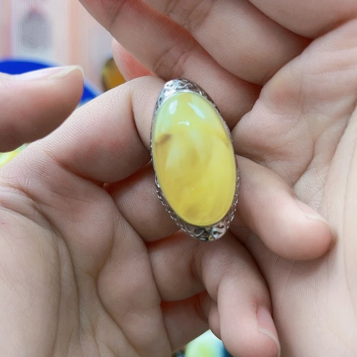 蜜蜡银S925镶嵌裸石戒指