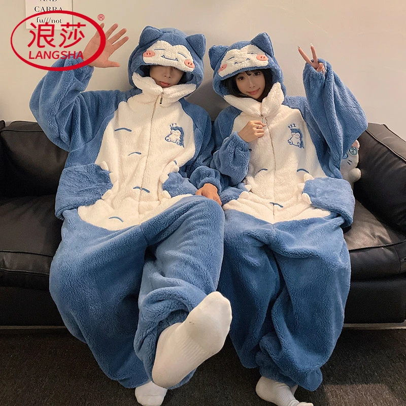 浪莎可爱宝可梦卡比兽连体情侣睡衣秋冬季珊瑚绒加厚加绒法兰绒男