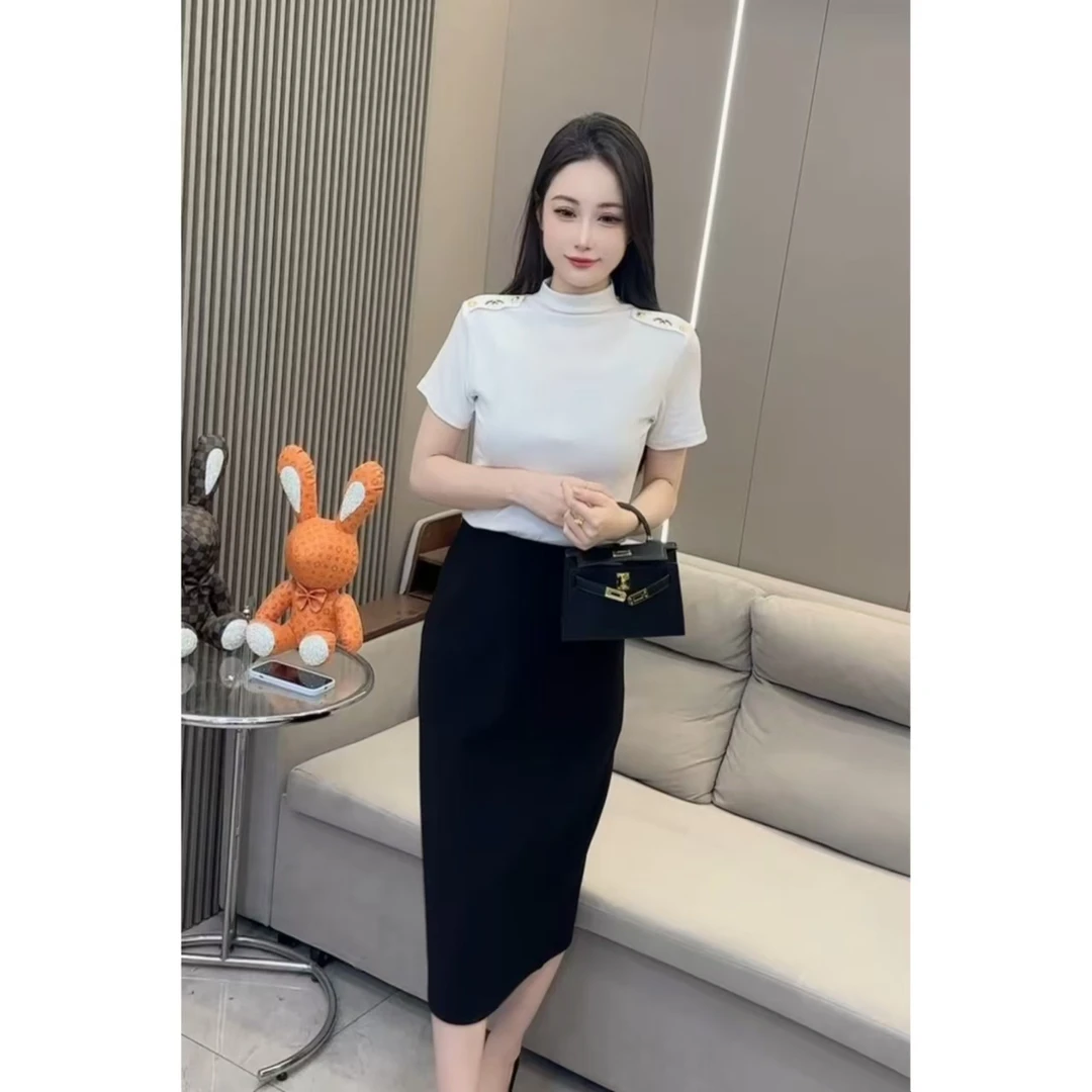 031-小衫半高领重工肩扣弹力半袖T恤打底衫上衣小衫内搭短袖