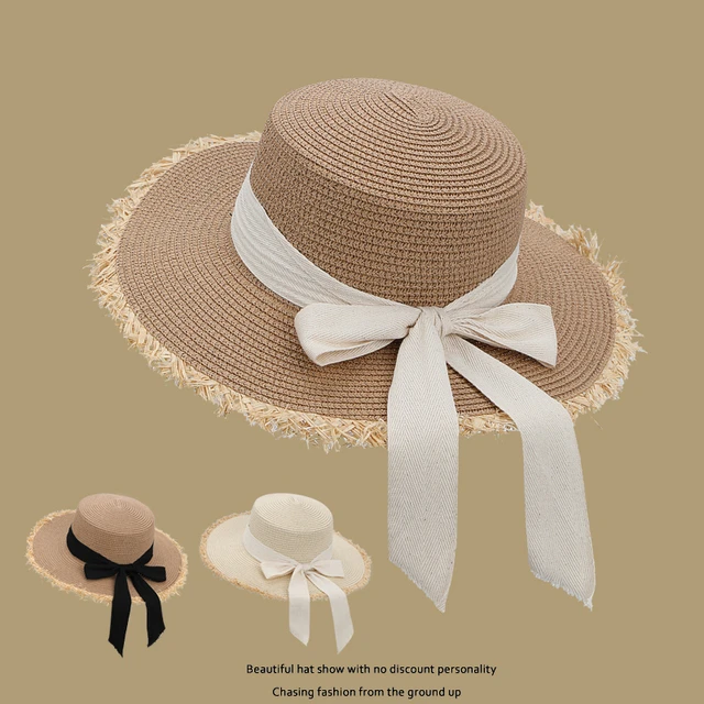 遮阳帽子女春夏季出游防晒太阳帽日系飘带蝴蝶结沙滩手工平顶草帽