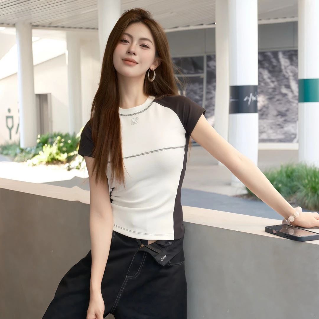 JAC FLEURANT 25AW 早秋新款 空气感黑白插肩袖烫钻短袖上衣