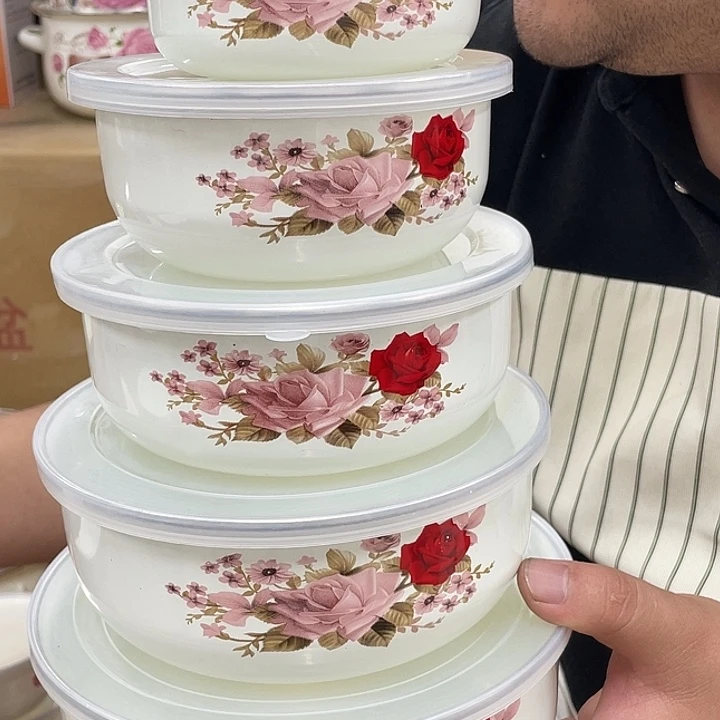 搪瓷冰碗五件套红粉佳人
