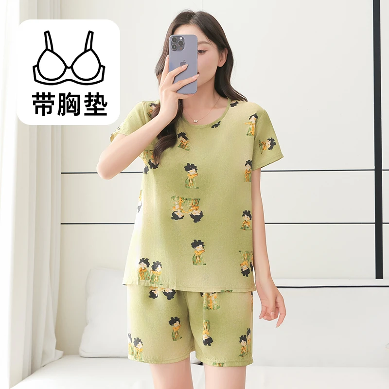 胸带款夏季家居服绵绸套装款衣短袖薄款透气舒适短裤休闲时尚