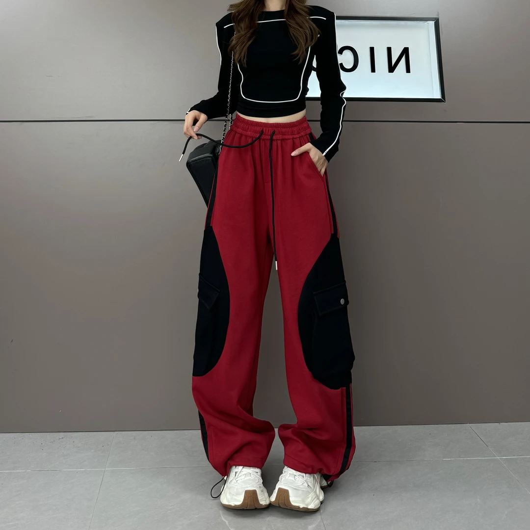 加绒加厚潮酷撞色新年红拼接运动高腰显瘦休闲裤7797