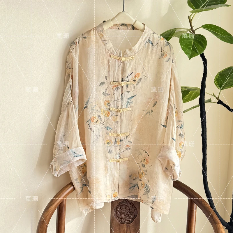 【柿柿如意】夏季国风苎麻印花中式盘扣开衫防晒服52338