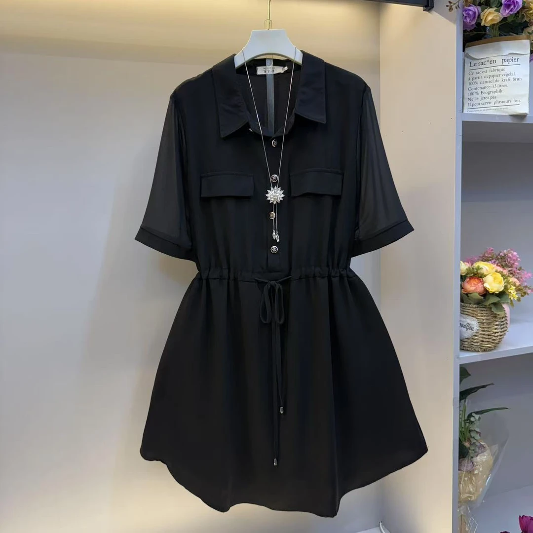 时尚2025大码女装翻领收腰气质显瘦夏季连衣裙