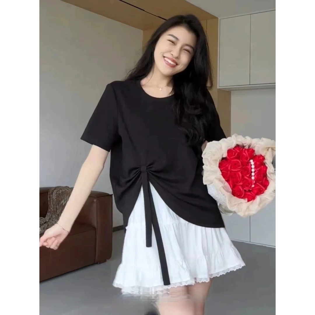 大码不规则短袖t恤女2025夏季胖MM遮肚百搭显瘦别致上衣-25042