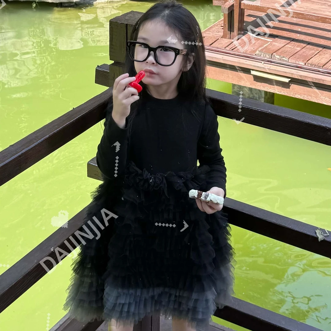 大金定制韩系高级感黑色拼色网纱蛋糕长袖连衣裙女宝宝蓬松公主裙