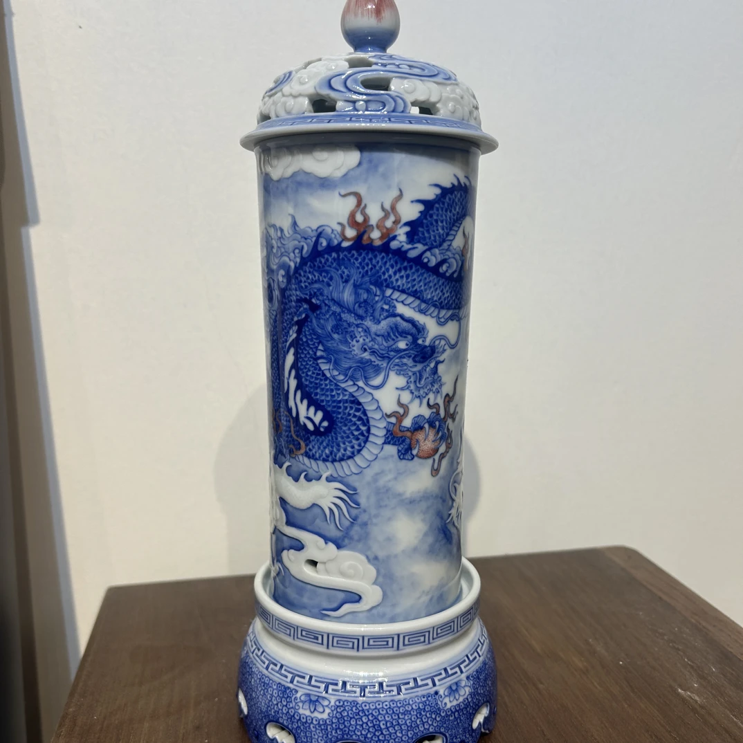 【自成柴窑】青花雕刻龙纹香炉纯手工手绘高端陶瓷收藏送礼
