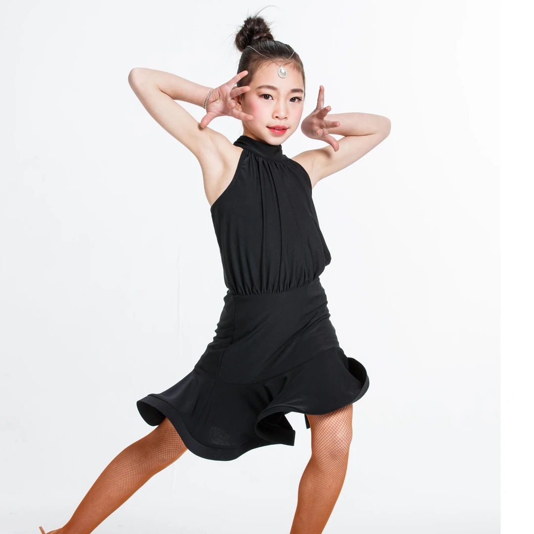 拉丁舞服女童高级黑色舞裙少儿国标舞练功服