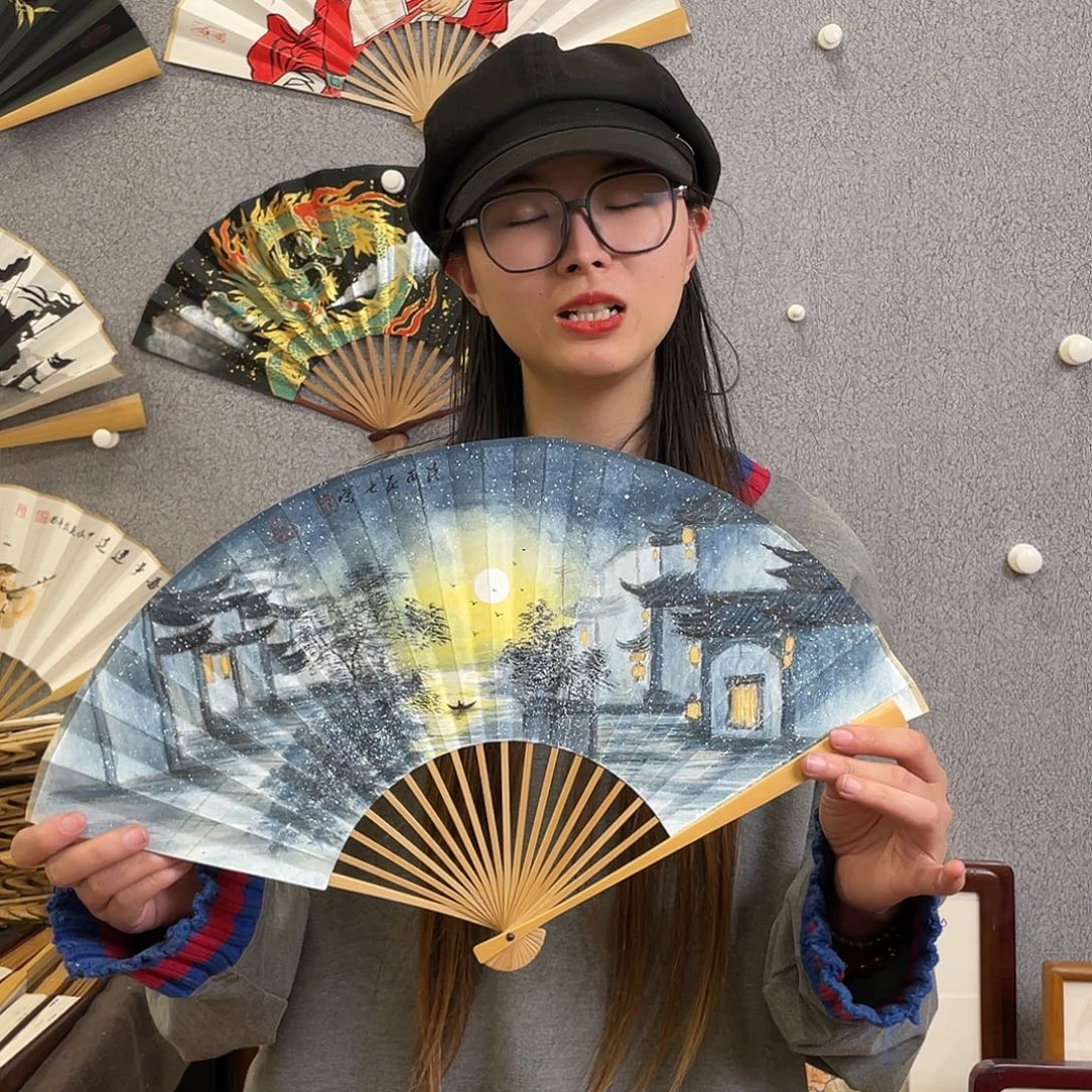 国画8寸玉竹-纯手绘-文玩扇骨（默认粘好）